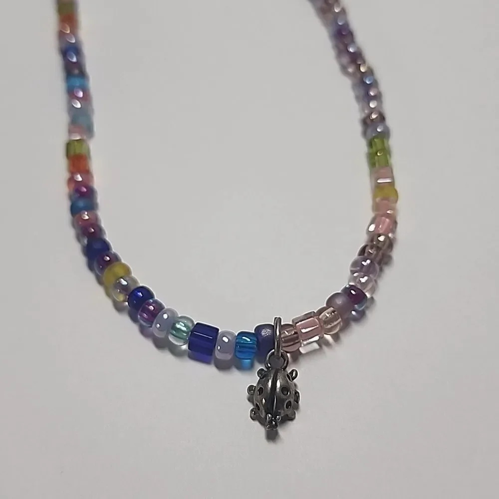 Beaded Necklace Multi Colored Beads Ladybug Charm Pendant 925 Clasp